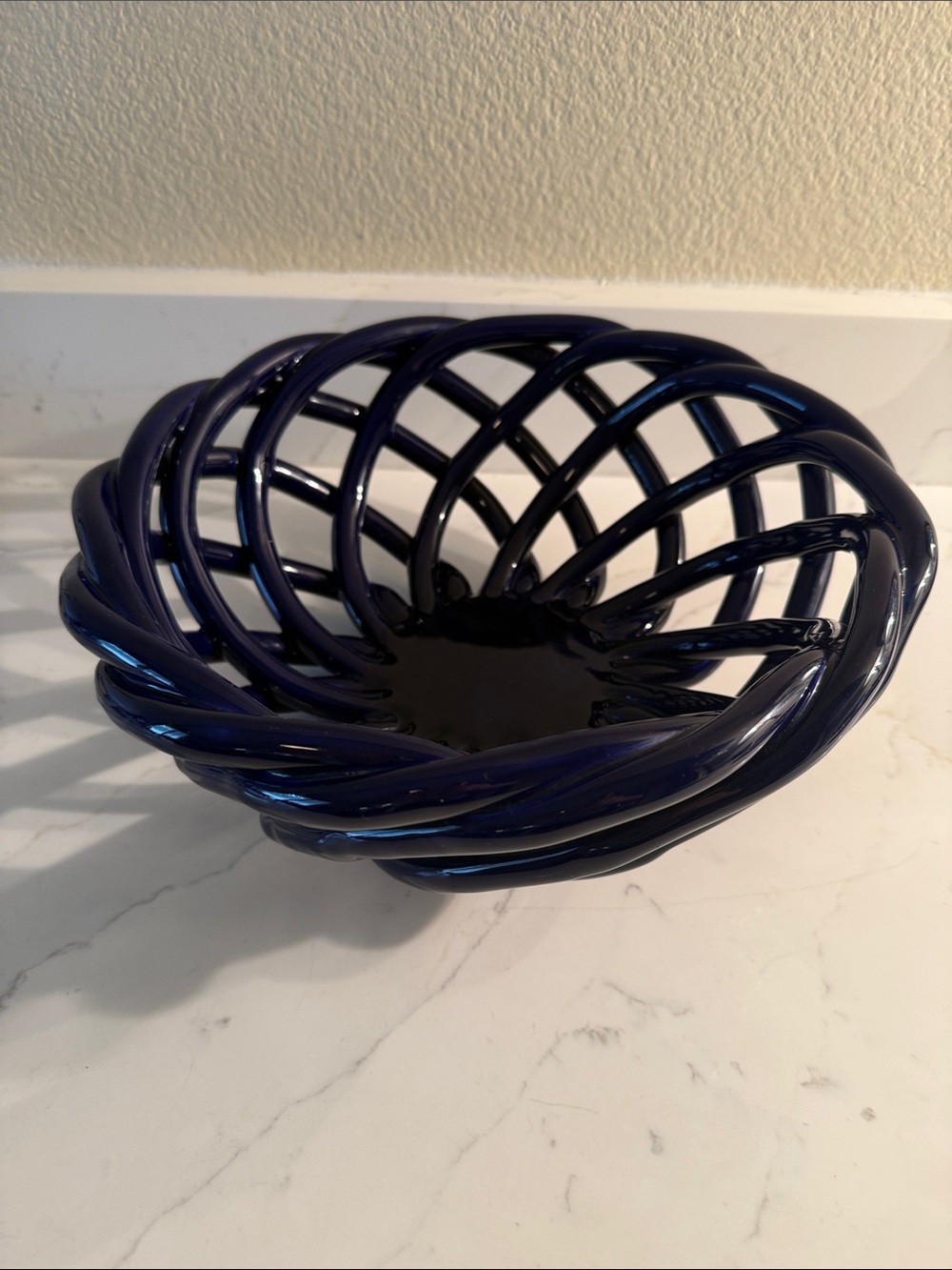 Vintage Cobalt Blue Ceramic Open Weave Bowl Handmade and signed